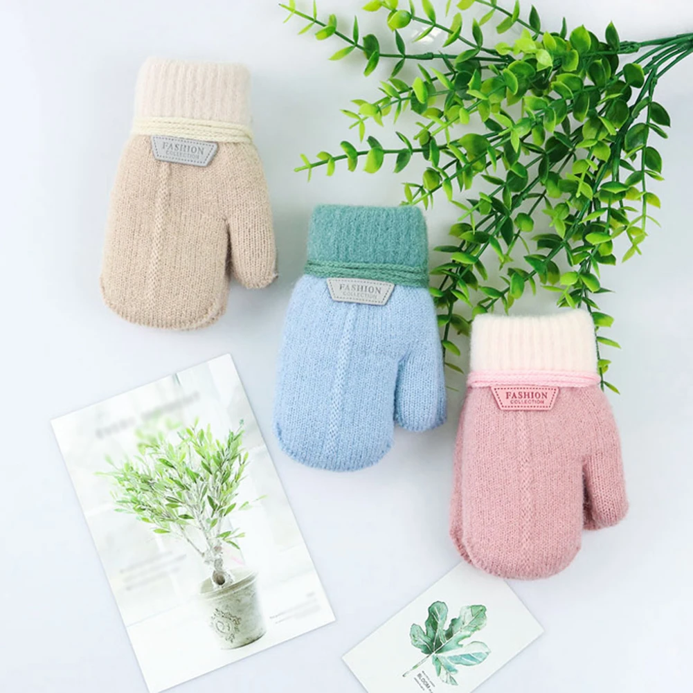 

Children's Gloves Winter Solid Thicken Plus Velvet Halter Gloves For Kids Toddler Outdoor Keep Warm Knitted Mittens With Rope
