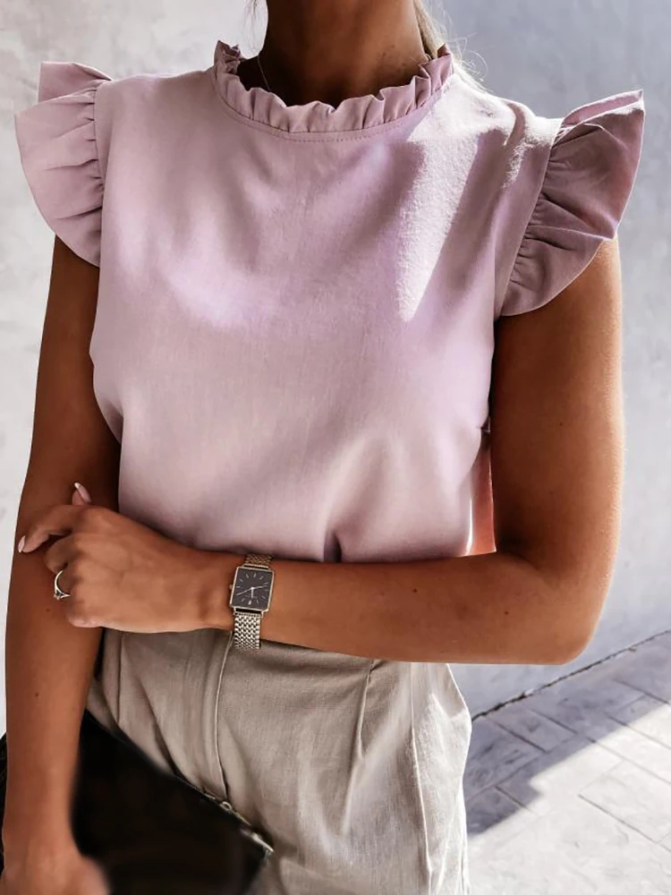 

Elegant Stand Collar Office Pullover Shirt Women Casual Solid Butterfly Sleeve Tops Summer Fashion Ruffle Slim Blouse Streetwear