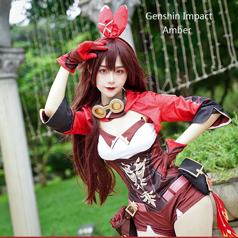 

Anime Genshin Impact Game Amber Cosplay Costume Halloween Party Outfit woman