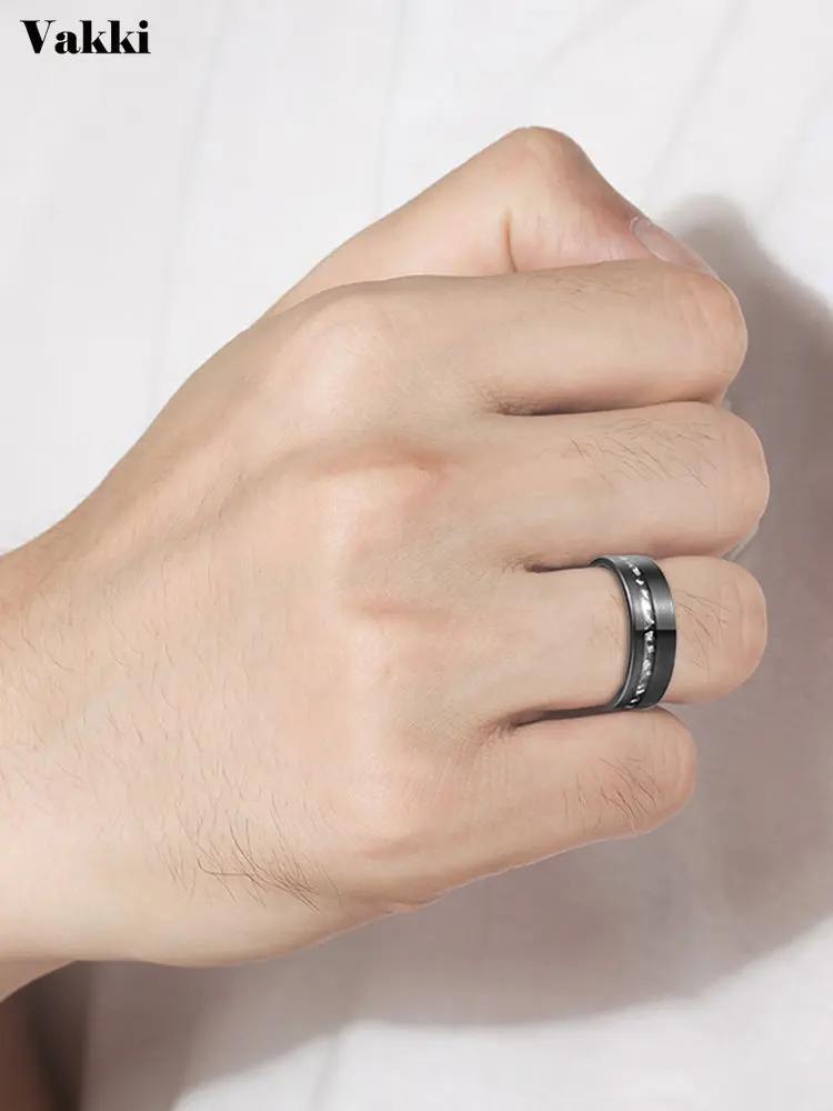 

VAKKI Men's Fashion Wedding Jewelry 8mm Tungsten Carbide Ring Black Brushed Ring Gibeon Meteorite Fragments Best Gift