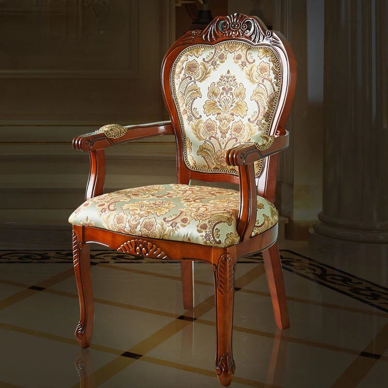 

European Solid Wood Carved Dining Chair Home American Leisure Armchair Durable Jacquard Cloth Luxury Chairs High-end Desk Chairs