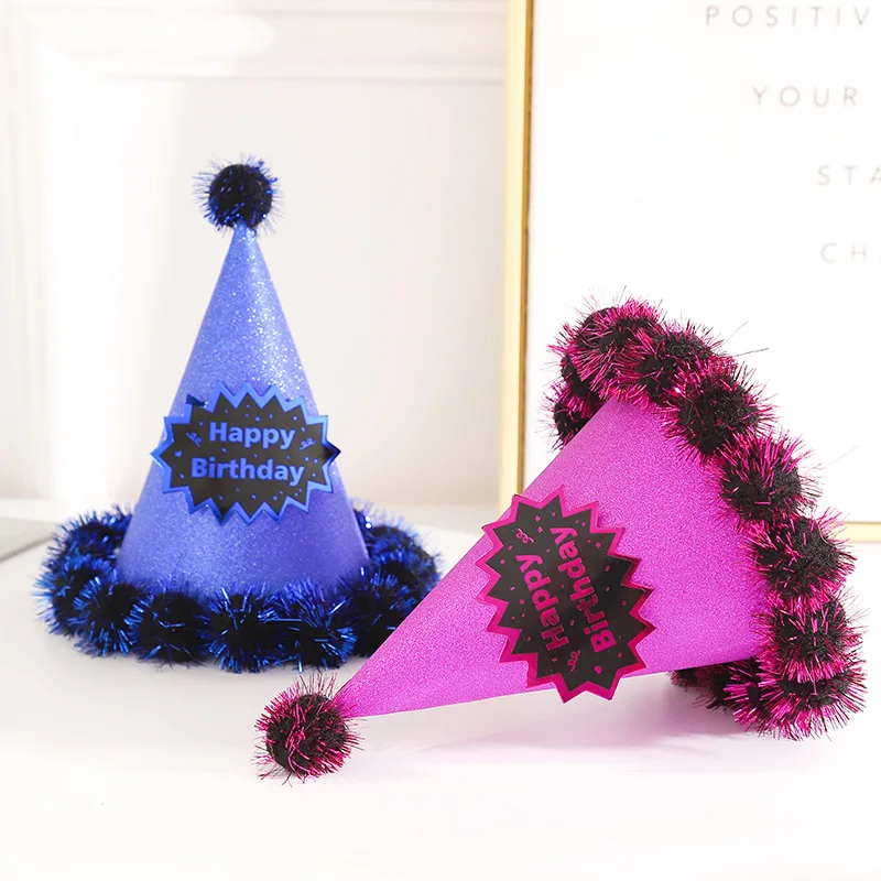 

Adult Kids Baby Pet Cake Mini Dogs Children Glitter Happy Birthday Hat Cake Decoration Birthday Party Supplies Fur Ball Hat