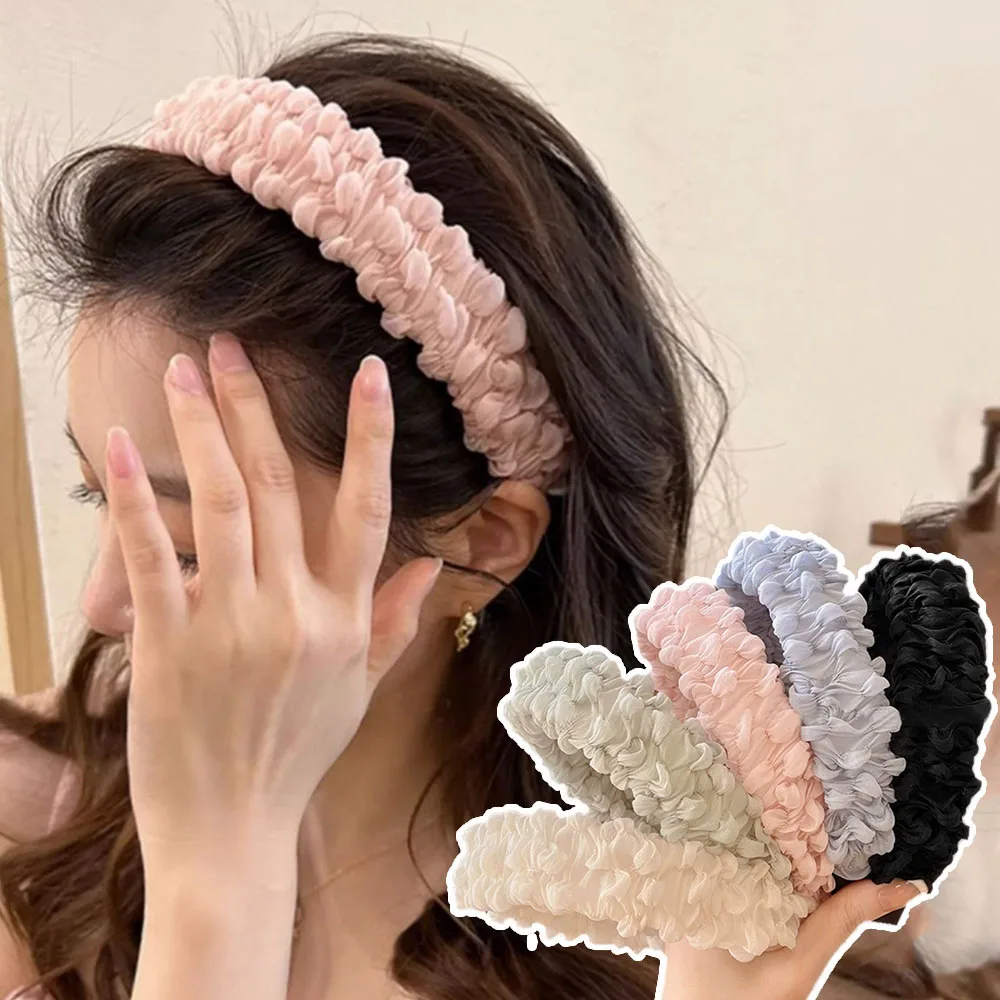 

Gauze Pleated Hair Hoop Hair Accessories Bubble Mesh Headband Solid Color Wide Brimmed Head Hoop Organza Korean Sweet Hairbands