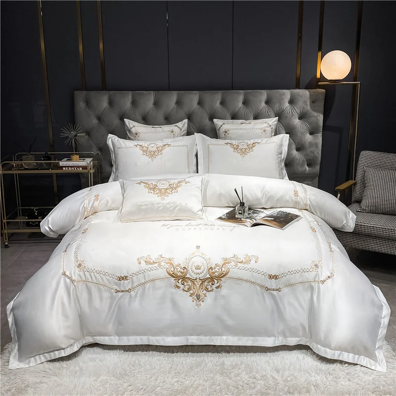 

New Luxury White 600TC Egyptian Cotton Bedding Set Gold Royal Embroidery Duvet Cover Flat/Fitted Sheet Pillowcases Home Textiles