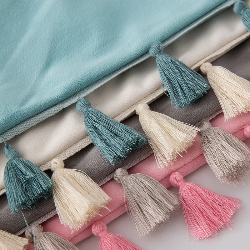 Promotion New Tassel Velvet Sofa Pillow Cover Solid Color Plush Bedside Rectangular Cushion Fringe Pillowcase Vintage Knot |
