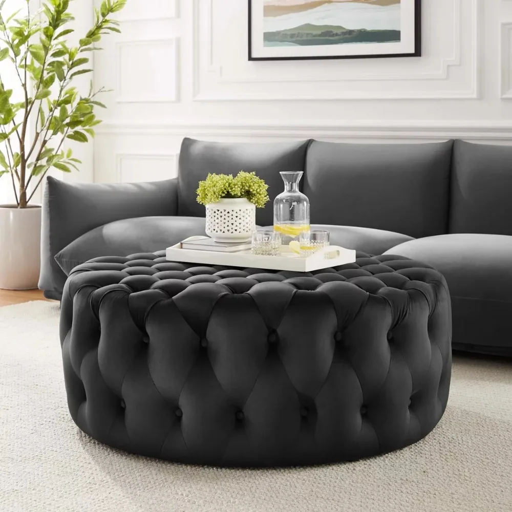 

Amour Tufted Button Large Round Performance Velvet Ottoman-EEI-5469