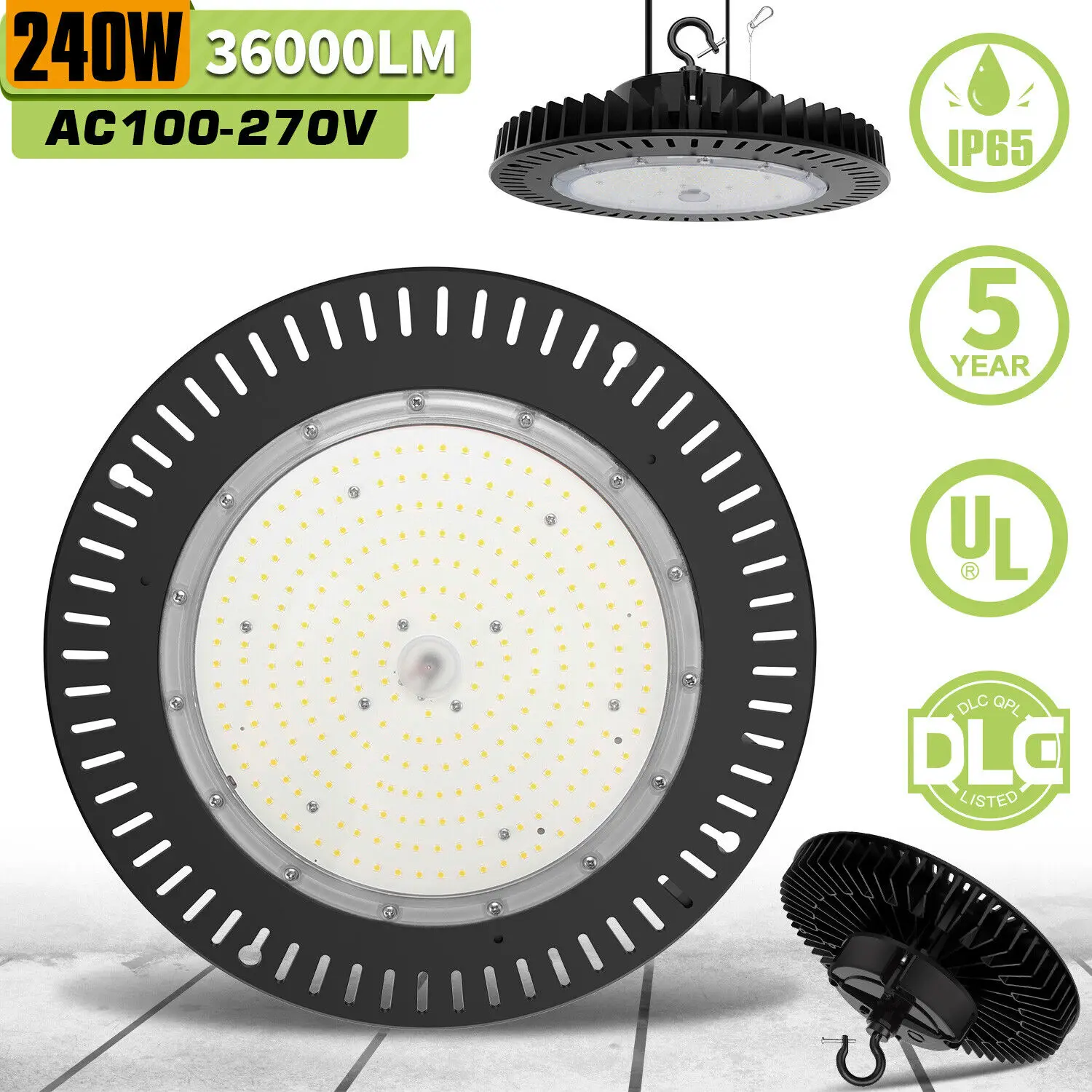 LED High Bay Light 240W 36,000lm 5000K 0-10V Dimmable UL Listed US Hook 5' Cable Alternative to 1000W MH/HPS for Gym Warehouse