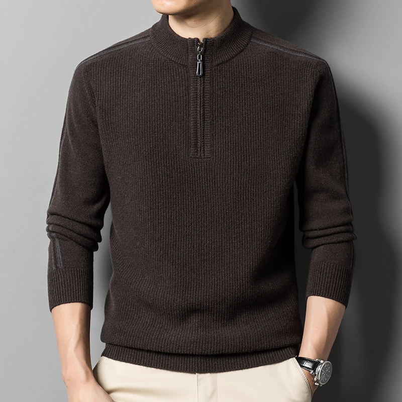 

New Autumn and Winter Sweaters Men's Thickened Zipper Half Turtleneck Casual Fashion Temperament 100% Wool Sweater