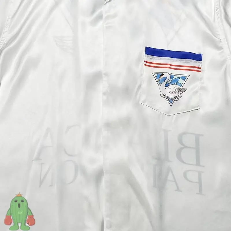Summer College Style Casablanca Shirts Swan Print Striped Colorblock Silk Couple Shirt