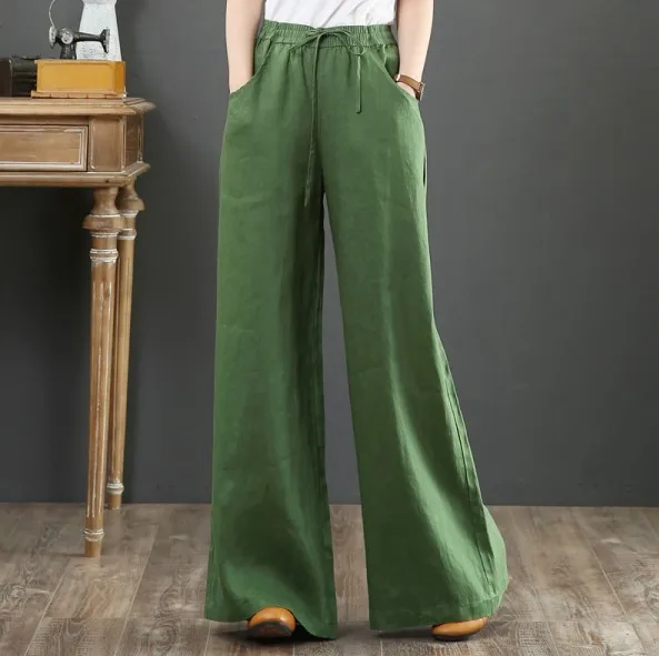 

Ladies Wide Leg Casual Cotton Linen Pants Women Full Length Elastic Waist Thin Cotton Drawstring Pants for Women Baggy
