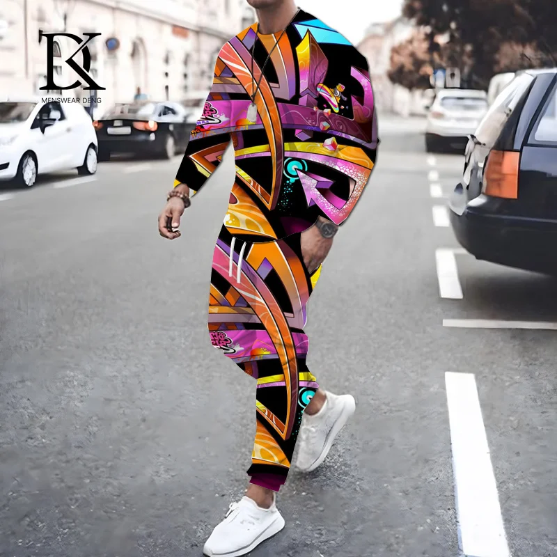 

High Quality Long Sleeve Set For Man Fashion Art Colorful Graffiti 3D Printed T-Shirt Long Pants 2Pcs Outfit Clothing Sport Suit