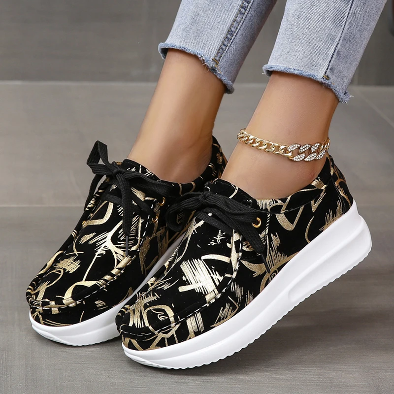 

Fashion Print Platform Sneakers Women Autumn 2022 Lace-up Thick Bottom Vulcanize Shoes Wiman Mix Color Non-slip Casual Shoes