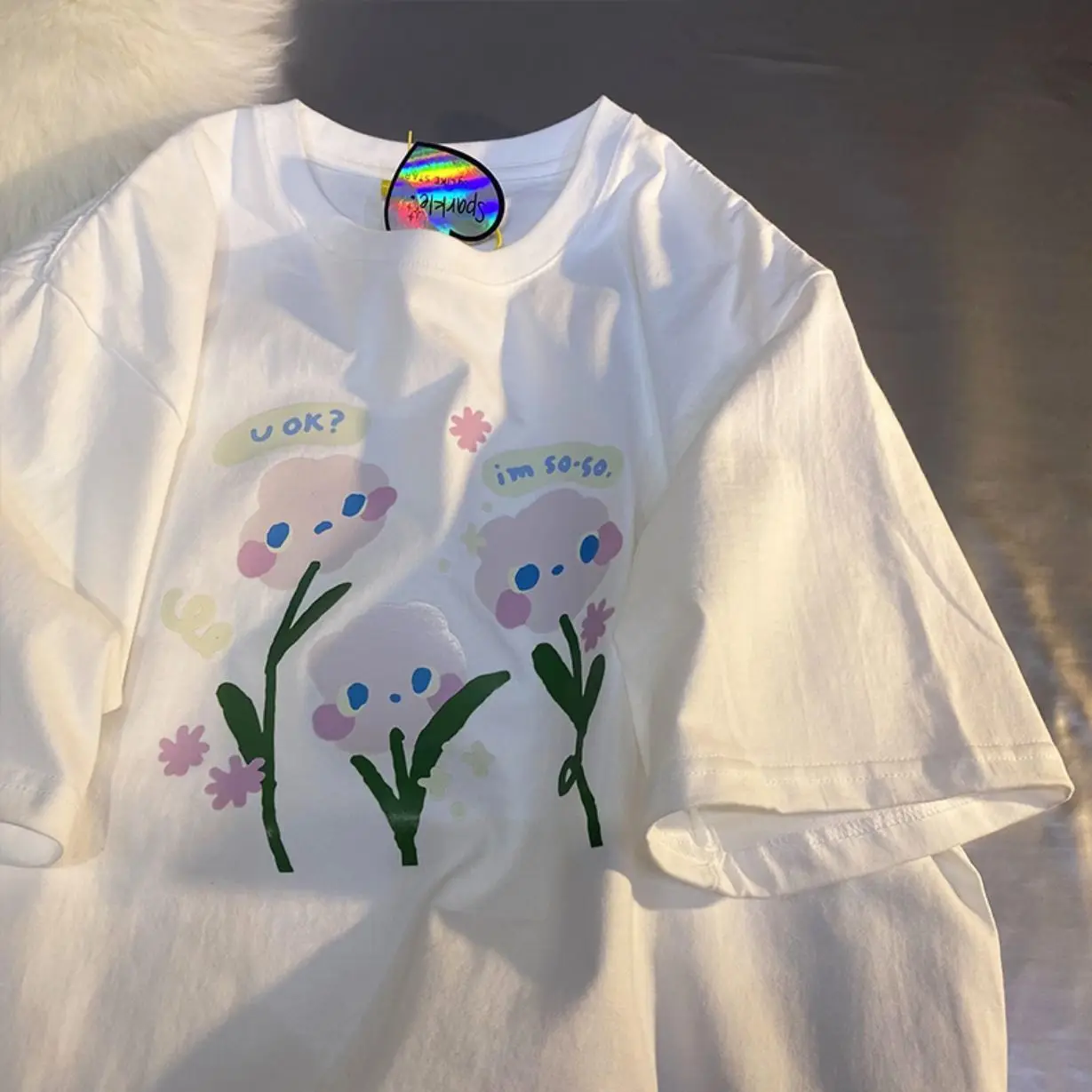 

Summer Cotton Cute T shirt American Loose Fit Harajuku Retro Fresh Street Hip Hop Men and Women Simple Art Y2K Short Sleeve Top