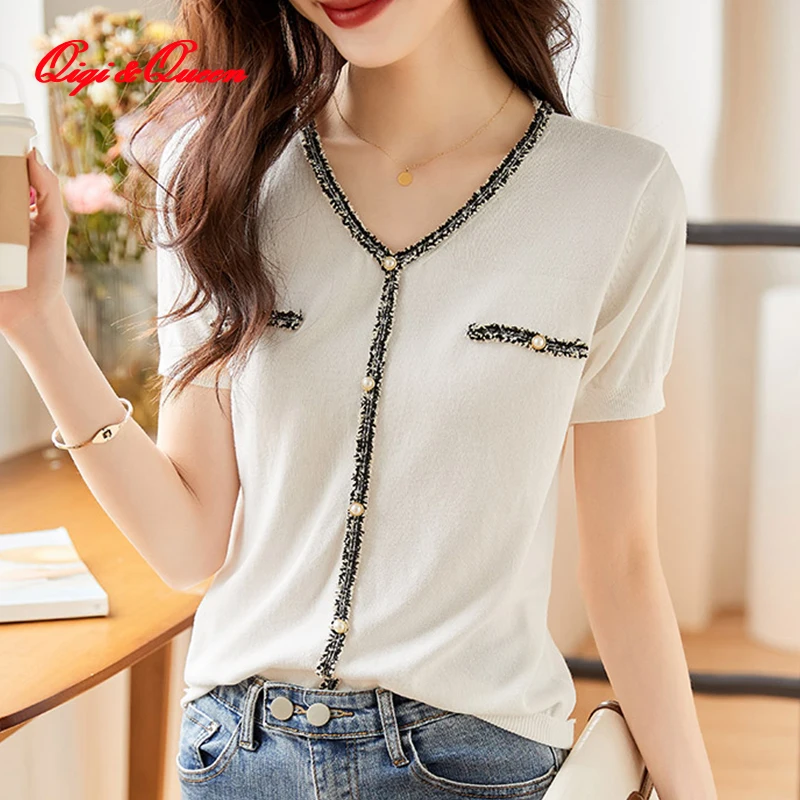 

Qiqi&queen Simple OL Office Wear Work Tops Summer Elegant V-Neck Fashion Blouses Womens New Korean Loose Casual Vintage Shirts