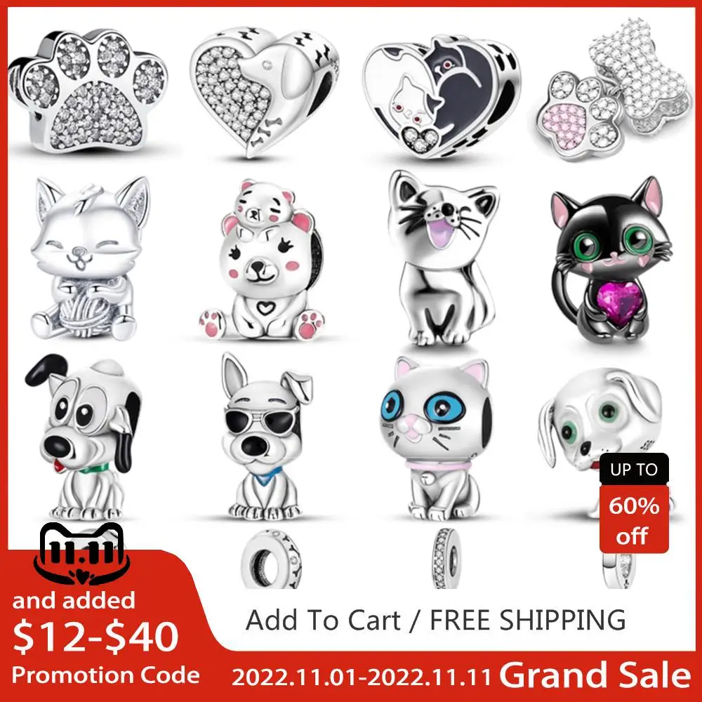 

New Mybeboa 925 Sterling Silver Bead Pet Cute Kitten Puppy Charms Cat Paw Pendant Fit Original Europe Bracelet Women Jewelry