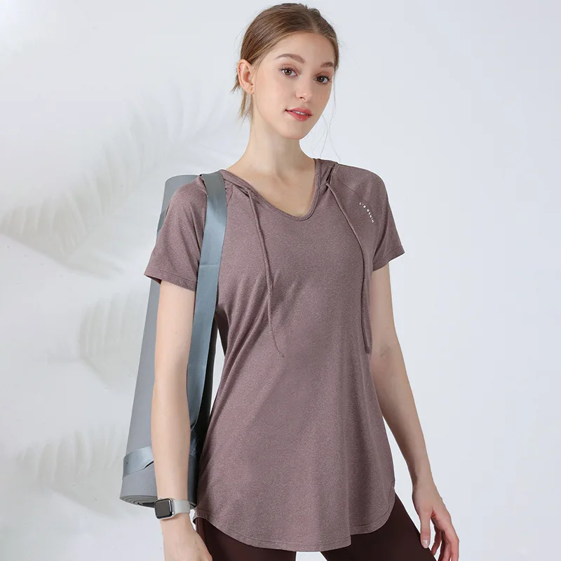 Summer Women Sport Hoodies Loose Yoga Shirts Short Sleeve Running T-Shirt Oversized Gym Fitness Hooded Tops Quick Dry Tee Blouse