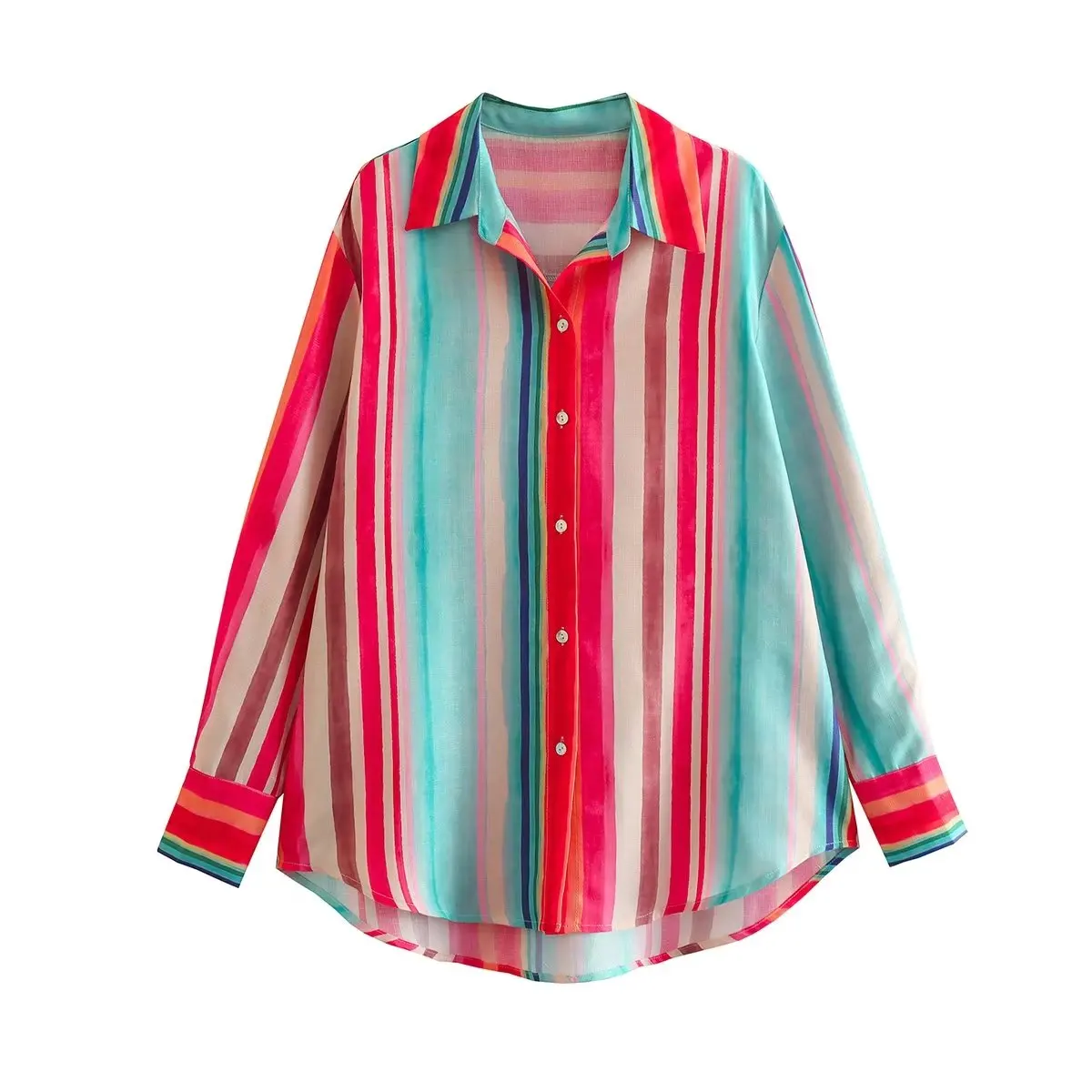 

Women Fashion Color Stripe Shirt Lapel Single Breasted Long Sleeves Female Casual Vintage Tops