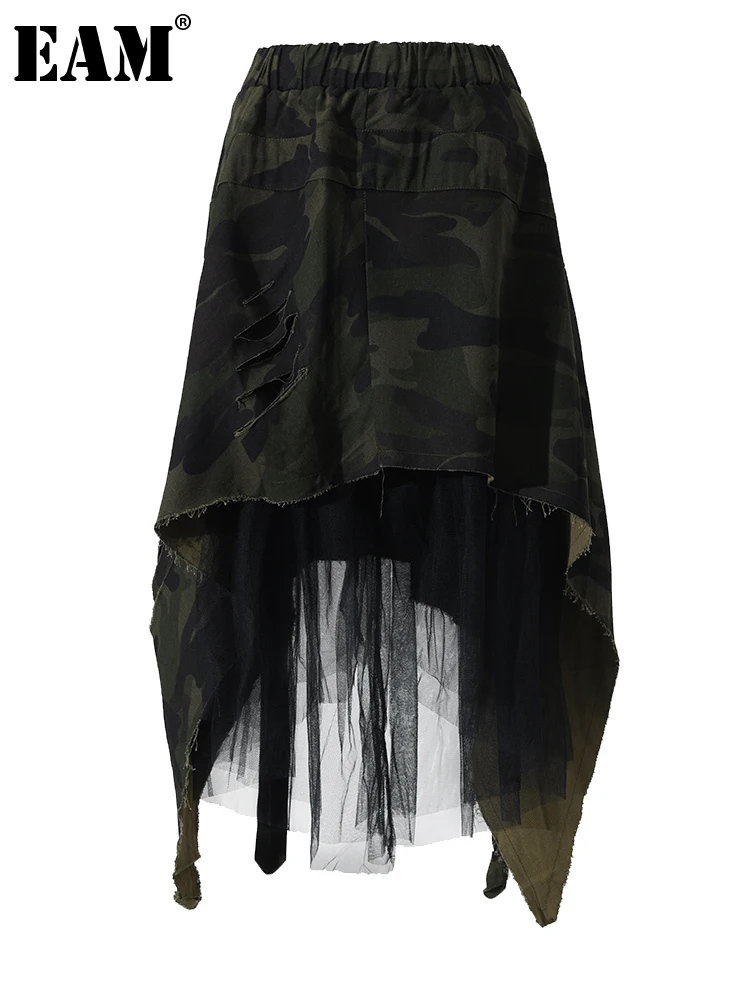 

[EAM] камуфляжная юбка с высокой эластичной талией, армейская зеленая сетчатая неравномерная юбка для женщин, модная новинка, весна-осень 2023, ...