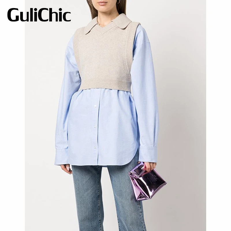 

7.9 GuliChic Women Fashion Casual Fake Two Piece Long Sleeve Knitted Tank Top Midi Shirt