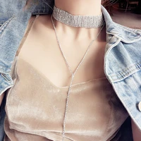 full rhinestone chain double layer necklace jewelry for women statement long tassel choker charm crystal collar party jewelry
