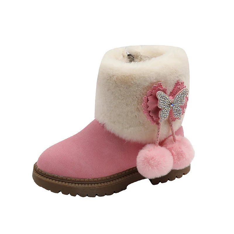 

Winter Plush Warm Kids Snow Boots for Girls Padded Cotton Shoes Pompon Bowknot Boot Pink Yellow Black 2-13Years Old Kids Shoe