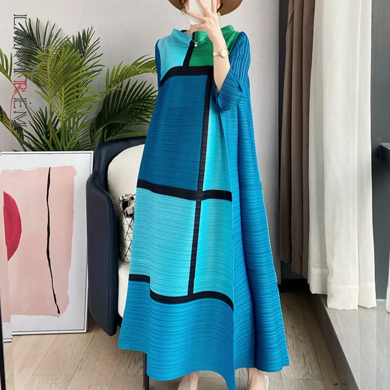 

Miyake 2023 Women Autumn Summer Long Pleated Fold Dresses Three Quarter Sleeve Casual Office Party Lady Elegant Plaid Dress