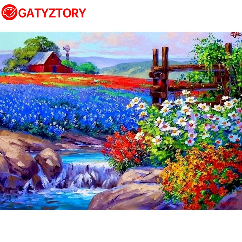 

GATYZTORY DIY Frame Oil Painting By Numbers Flower On Canvas Wall Art Picture By Numbers Stream Landscape Children's Room Decor