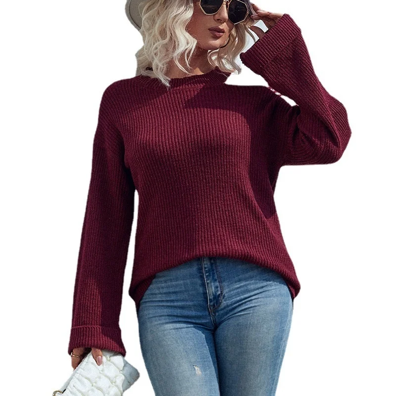 

2023Casual comfortable Solid Round Neck Shoulderless Women's T-Shirt Autumn/Winter New Flare Sleeve Sweater Women