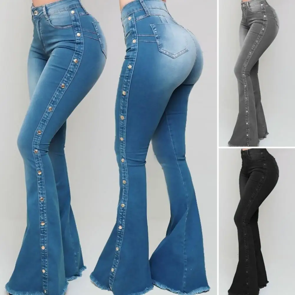 

Flared Pants Multi Pockets Denim Pants Fashion Rivet Decor Denim Flare Jeans