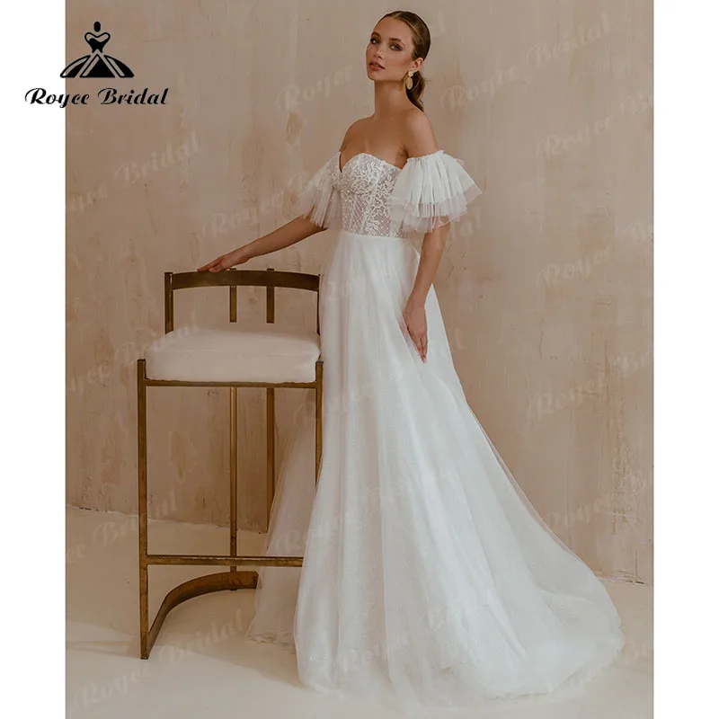 

Charming Boho Off the Shoulder Shiny Glitter Sweetheart Wedding Dress with Detachable Sleeve Lace Vestido De Novia Roycebridal