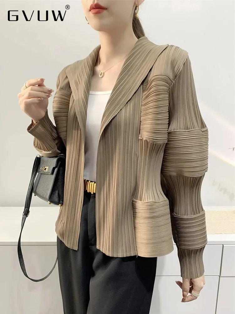 GVUW плиссированные куртки с лацканами женские однотонные длинными рукавами