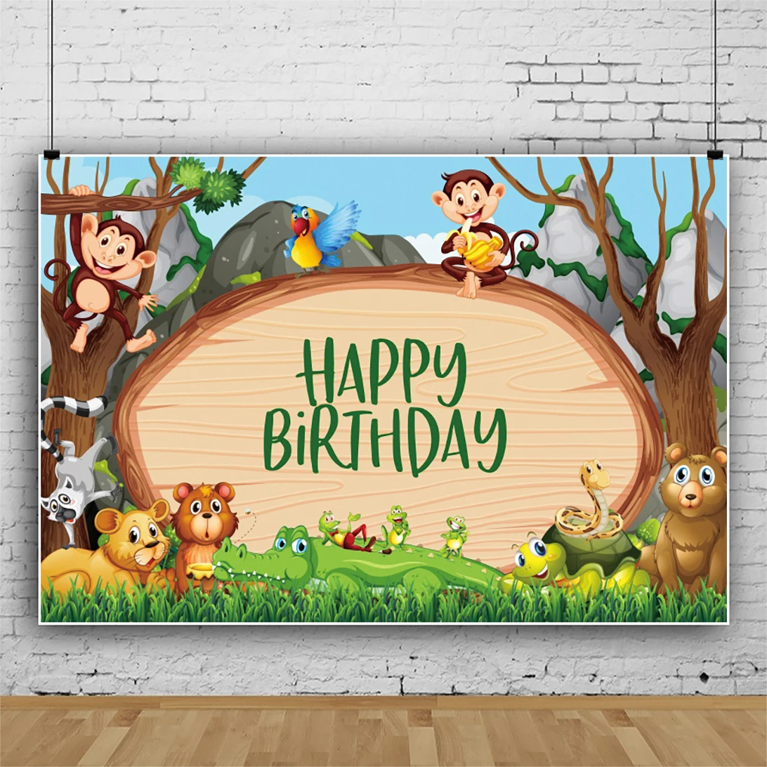 

Laeacco Jungle Forest Woodland Wild One Safari Animals Newborn Baby Shower 1st Birthday Party Backdrop Photography Background