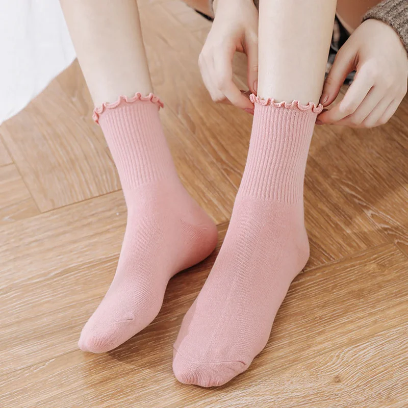 7 Pairs Spring Summer Fungus Lace Socks Women Socks Japanese Korean Cute Harajuku Pile Socks Solid Color Cotton Socks