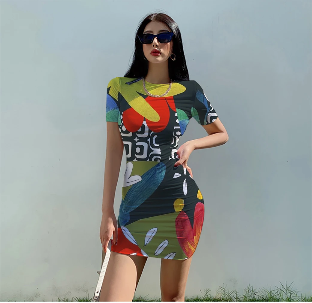 

2022Fashion summer youth print/print/ O-neck elegant dress 2022 new girl short-sleeved dress women's clothing