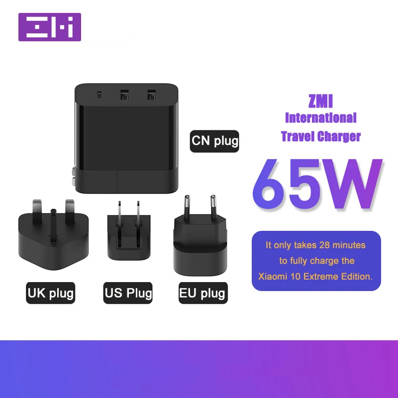

ZMI International Version Travel Charger PD65W Fast Charging Mobile Phone/laptop Charging with US/ UK/EU Regulation Adapter