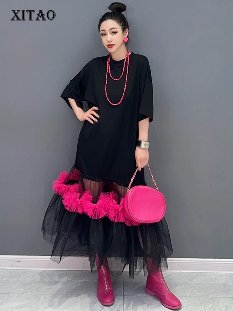 

XITAO Fashion Patchwork Mesh Casual Personality O-neck Women Dress 2023 Summer New Arrival Women Street Trendy Dress DMJ1788
