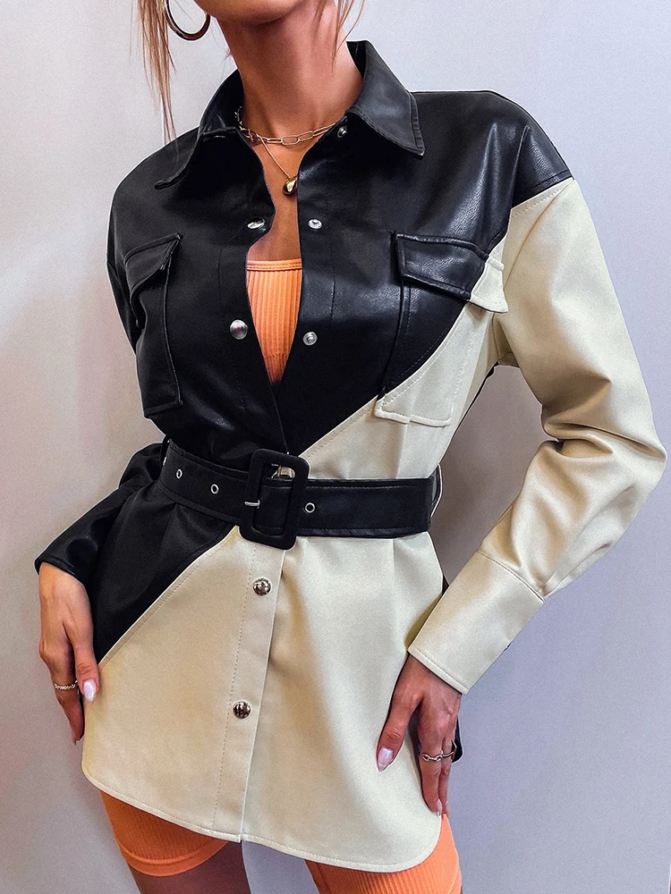 Aoottii Autumn Women Two Tone Flap Pocket Buckled Belted Pu Fax Soft Leather Jacket Streetwear Female Black White Coat Outwear