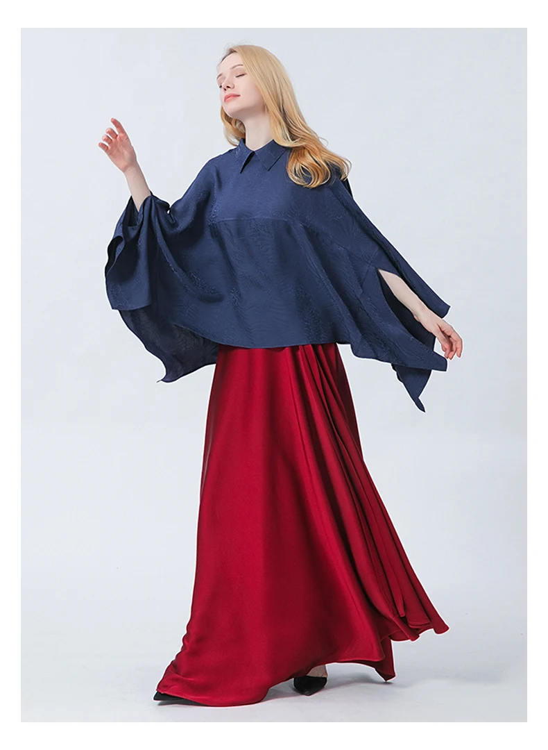 

Женская Асимметричная футболка, Шелковый жаккардовый пуловер с длинным рукавом летучая мышь, большие размеры, BE735