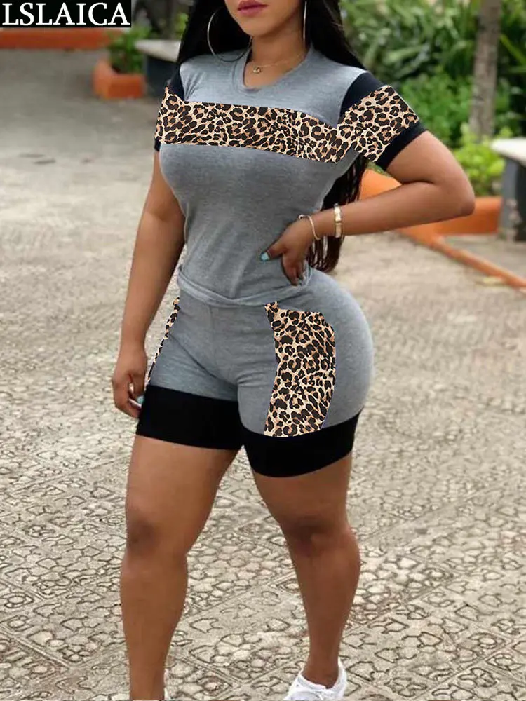 

Casual Set Woman Summer 2023 Two Pieces Women Short Sleeve Tshirt Ladies Clothing Leopard Splic Comfortable Women's Shorts Sets