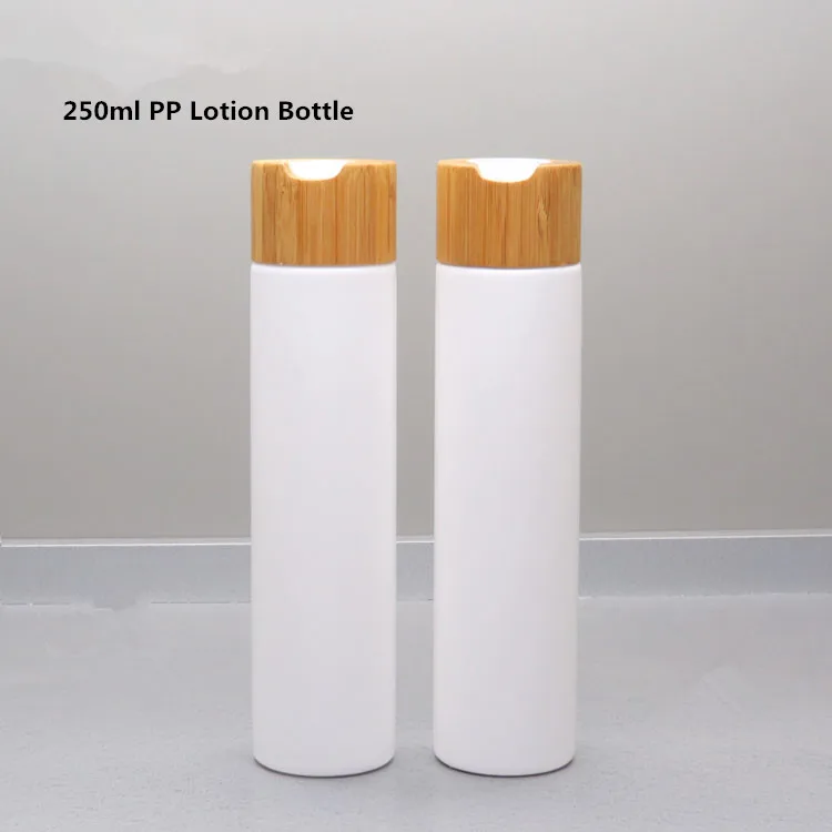 250ml White Plastic Cosmetic Emulsion Bottle with Bamboo Press disc cap Empty Travel Hair Tonic/Shampoo/Body Wash/Lotion Bottle