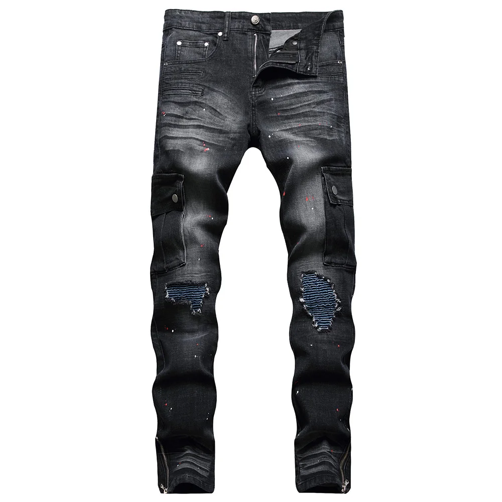 

Men's Cargo Denim Jeans Pockets Patch Painted Stretch Biker Pants Bottom Zippers Plus Size Holes Ripped Slim Straight Trousers