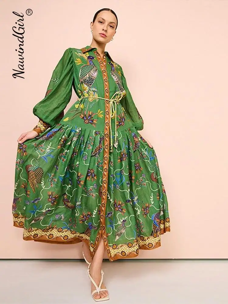 

Printed Lapel Single-breasted Dress Women Casual Long Sleeve Slim Midi Dresses Female 2023 Autumn Elegant Loose Office Lady Robe