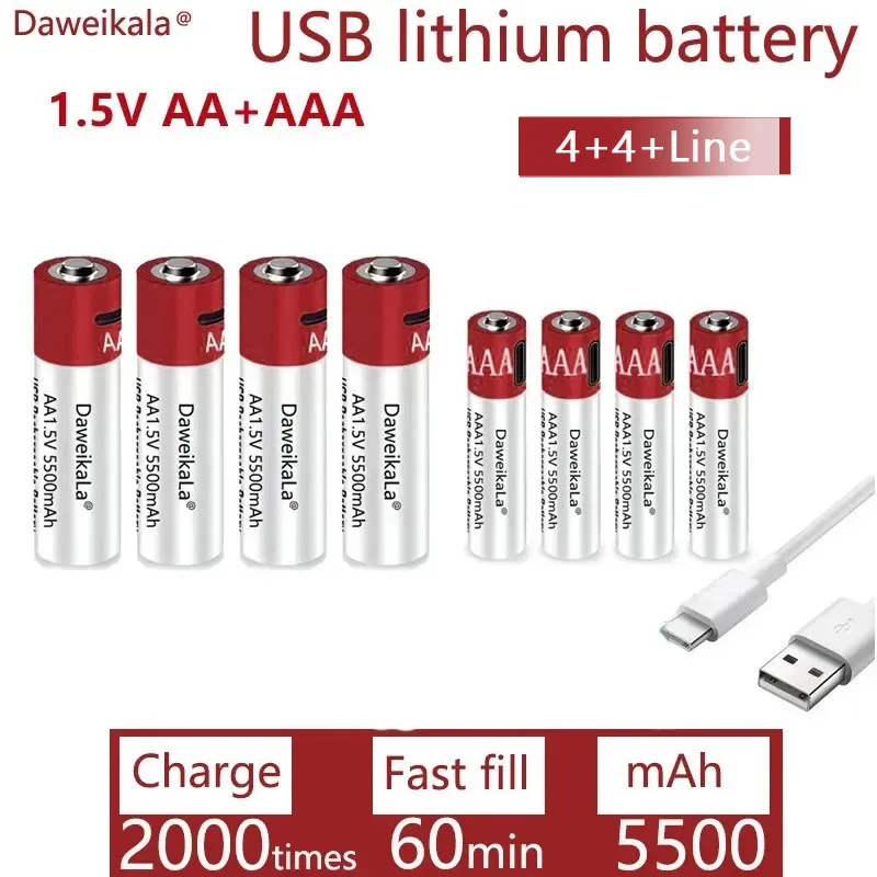 Фото Новые аккумуляторы 1,5 В AA + AAA с быстрой зарядкой через USB, перезаряжаемые, большой емкости 5500 мАч, литий-ионные, для игрушек, пультов дистанционного управления, мышей, светодиодов. №3