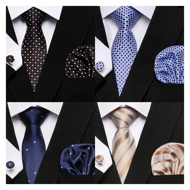 Fashion Brand Festive Present Tie Pocket Squares Cufflink Set Necktie For Men Shirt Accessories Gold Plaid 1