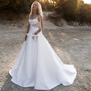 RANMO Outdoor Wedding Dress A Line Sleeveless Backless Lace-up Village Wedding Gown Illusion Pockets Court Train Wedding Gown