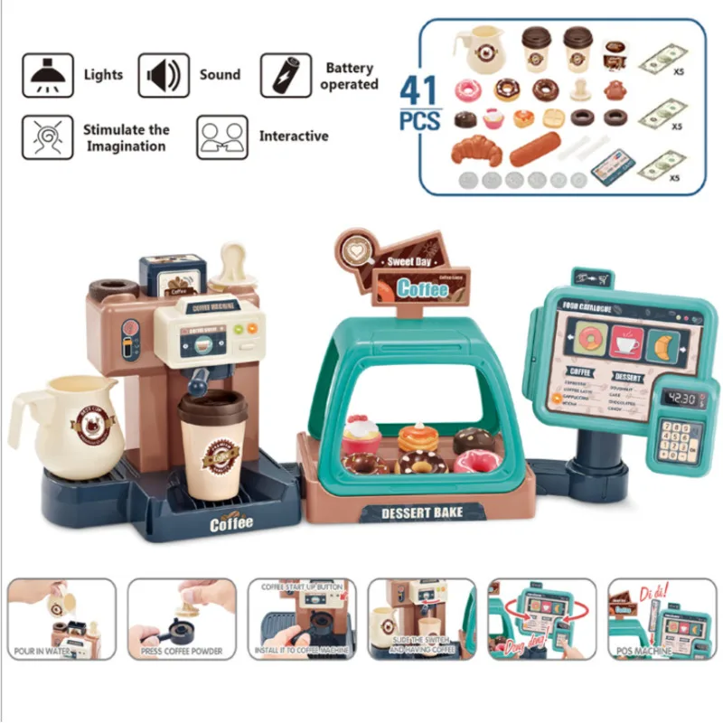 

2021 Kids 3 In 1 Kitchen Game Play Toy Dessert Counter Coffee Machine Supermarket Cash Register Sounds Light Function Set Toys