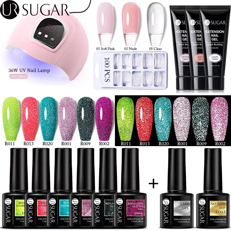 

SUGAR Reflective Glitter Gel Nail Set Extension Gel Set With UV LED Lamp Laser Gel Soak Off Manicure Nails Art Design Kits