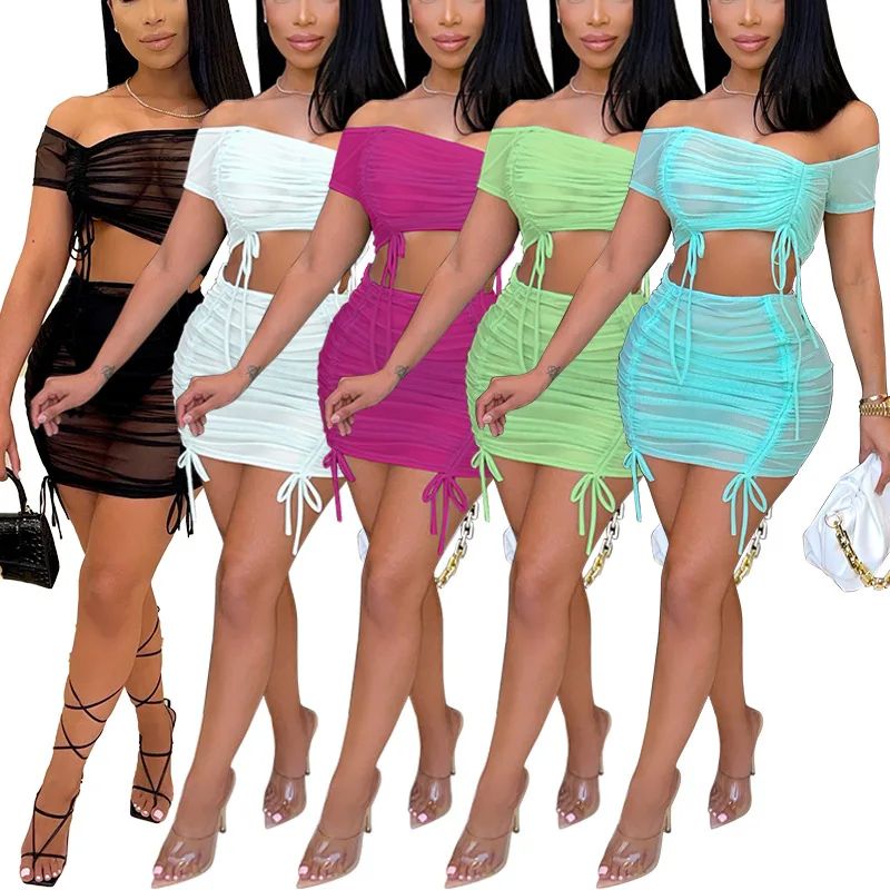 

2022 Spring And Summer Women Printed Pleated Drawstring Mesh Perspective Drawstring Skirt Set