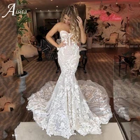 luxury mermaid robe de mari%c3%a9e lace embroidery vestidos de novia mermaid wedding dresses strapless sweep train bridal gowns