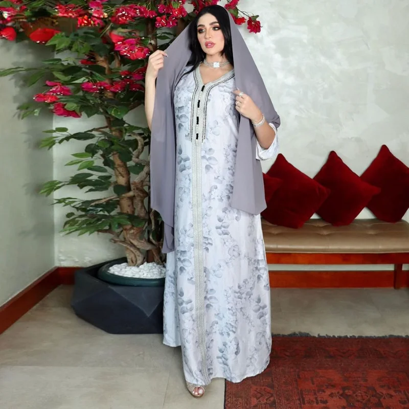 

Maxi Dress for Women Arab Dubai Middle East Muslim Ethnic Ribbon V Neck Morocco Caftan White Floral Abaya Autumn 2022